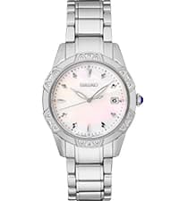 SEIKO Watch for Women - Diamond Collection - with 18 Diamond Accents, Solar Power, Mother-of-Pearl Dial, Two-Tone Rose Gold Stainless Steel Case & Bracelet, and Water-Resistant to 50m