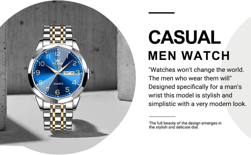 OLEVS Men's Casual Stainless Steel Watch, Big Face Easy to Read Analog Quartz Watch with Day and Date, Classic Waterproof Diamond Roman Arabic Numerals Dial Dress Watch for Men, Gold Silver Black Band