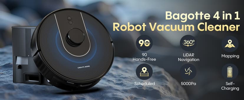 Bagotte Robot Vacuum and Mop, Robot Vacuum Self Emptying, 5000Pa Powerful Suction, 90-Day Hands-Free, Advanced Smart Mapping, LiDAR Navigation Robotic Vacuum for Pet Hair, Dust, Carpet, WiFi/App/Alexa