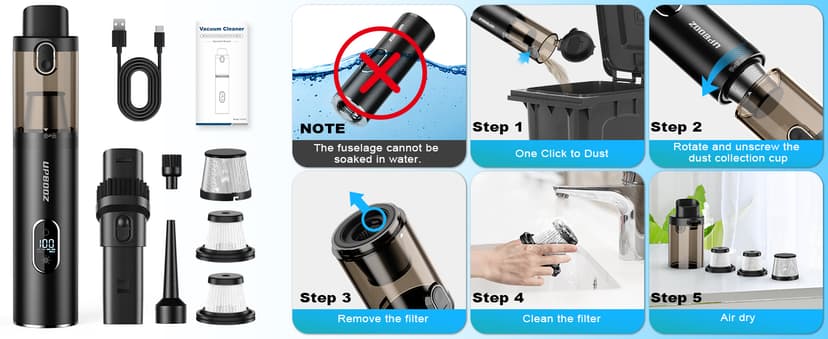 Upbooz Handheld Vacuum Cordless, Car Vacuum with 14000PA Powerful Suction with LED Light, Air Duster 2-in-1,Low Noise Rechargeable Portable Mini Vacuum Cleaner for Car Home Pet Office,Two Gears Black