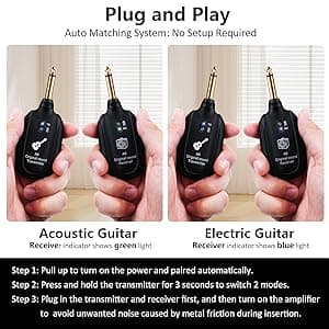 A8 Wireless Guitar Transmitter Receiver System, 2.4GHz Rechargeable, 24-bit/48KHz Audio, Low Latency <4ms for Electric Guitar & Bass, Wireless Audio Transmitter & Receiver (A8(1TX+1RX))