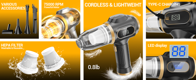 Scstartx Portable Car Vacuum Cordless Mini Handheld Vacuums Cleaner Rechargeable with LCD Display and Multi-Nozzles, High Power Hand held Cleaners for Car, Home, Office, Sofa, Pet Hair,Keyboard