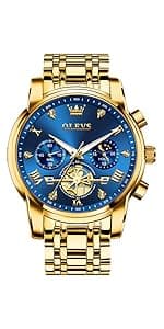 OLEVS Men's Casual Stainless Steel Watch, Big Face Easy to Read Analog Quartz Watch with Day and Date, Classic Waterproof Diamond Roman Arabic Numerals Dial Dress Watch for Men, Gold Silver Black Band