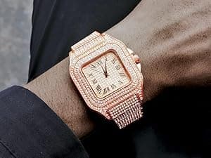 Apzzic Diamond Iced Out Watch CZ Gold Plated 40mm Width Roman Numerals Dial Quartz Wristband Watch for Men Women