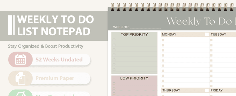 Weekly To Do List Notepad, Undated Planner with 52 Sheets (8.5''x11''), Desk Weekly Planner for Women & Man, Home School & Work