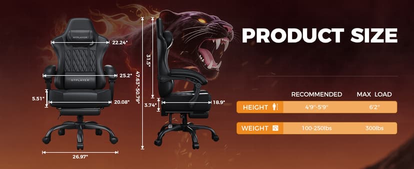 GTPLAYER Big and Tall Gaming Chair with Footrest, Ergonomic Office Desk Chair with 4.4in Thick Cushion and Wide Wingless Seat, Comfortable Leather Computer Chair, Predator Series, Black