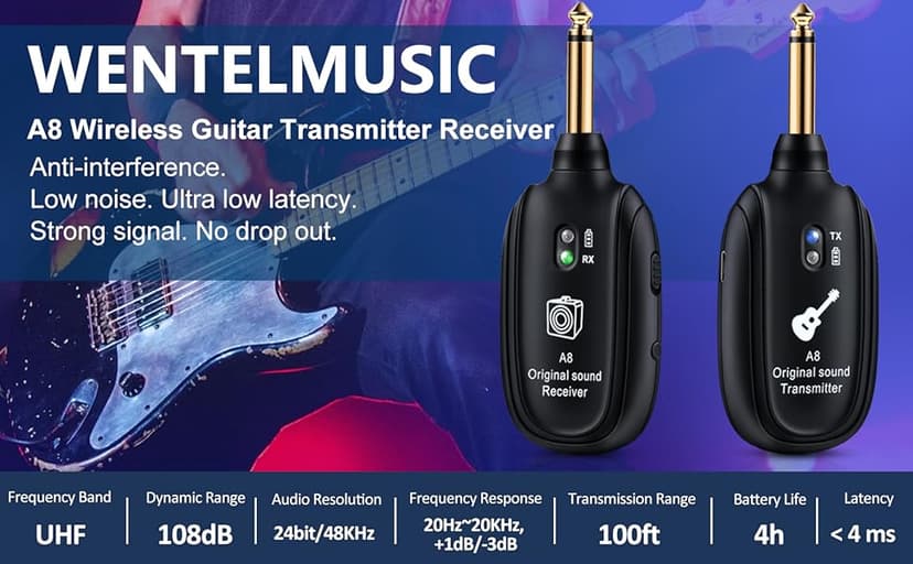 A8 Wireless Guitar Transmitter Receiver System, 2.4GHz Rechargeable, 24-bit/48KHz Audio, Low Latency <4ms for Electric Guitar & Bass, Wireless Audio Transmitter & Receiver (A8(1TX+1RX))