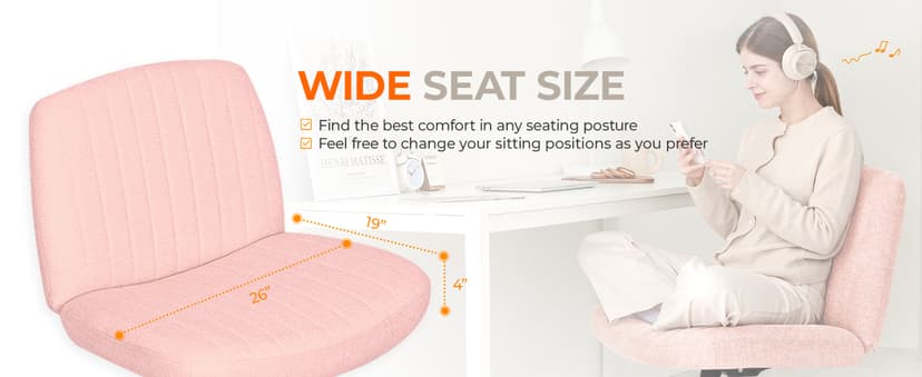 Orange Factory Criss Cross Chair Wheels Wide Cross Legged Office Desk Vanity Chair Comfy Fabric Armless Adjustable Swivel for Home Computer Task (Pink)