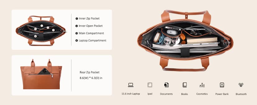 BOYATU Leather Tote Bag for Women Work: Genuine Leather Shoulder Purses - Travel Handbag with 15" Compartment