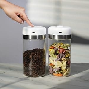 SHELBRU Smart Coffee Container & Food Storage w/Electric Vacuum Seal, Airtight Coffee Canister for Whole & Ground Bean Storage, Durable Borosilicate Glass Jar, Charging Cable Included, 10.5oz / 250g