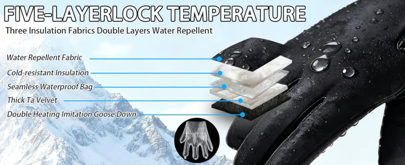 Jeniulet 100% Waterproof Winter Gloves -30℉ Warm Windproof All Fingers Touch Screen Gloves for Men Skiing and Outdoor Work