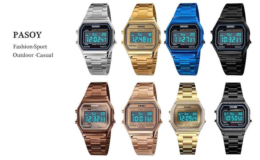 PASOY Men's Digital Gold Stainless Steel Watch Backlit Multifunction Stopwatch Waterproof Sport Watches