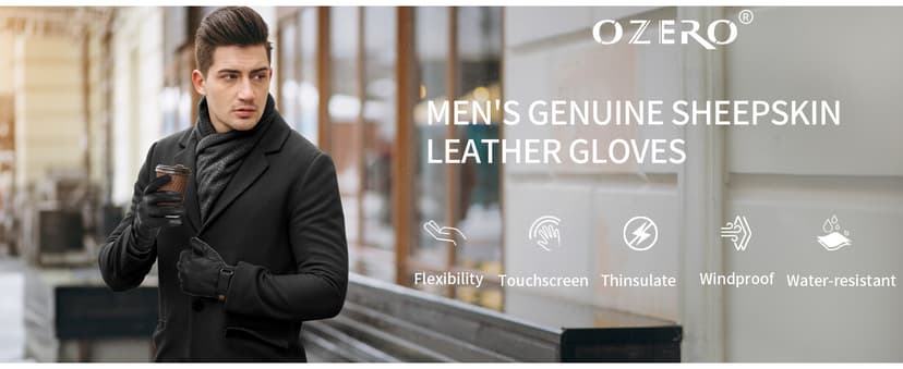 OZERO Mens Winter Gloves Nappa Leather Warm Wool Touchscreen Dress Glove - Thermal Gifts for Dad or Husband