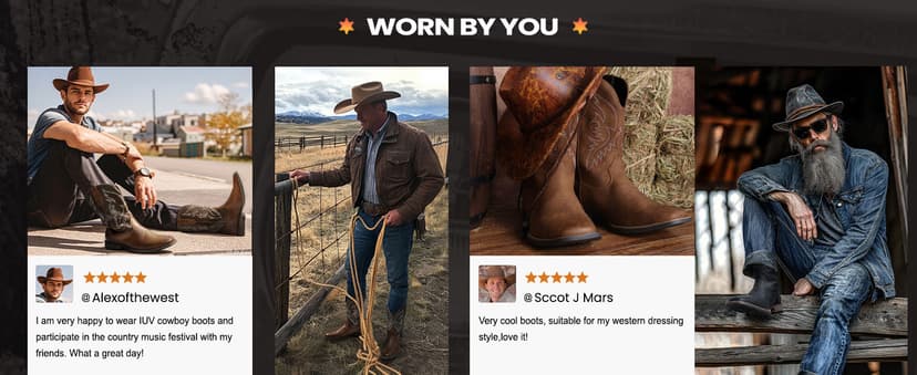 IUV Cowboy Boots For Men Square Toe Western Boot Durable Retro Classic Embroidered Pull On Boot Slip Resistant Country Boots