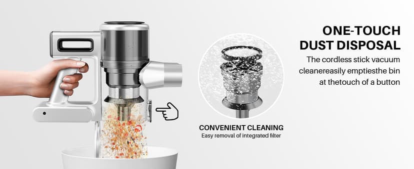 BSNAW Cordless Vacuum Cleaner for Home - Lightweight, Stick Vacuum Clean with Rechargeable Battery, Max 45Mins Runtime, 8 in 1 Handheld Vacuum for Hardfloor & Carpets Pet Hair, White&Yellow