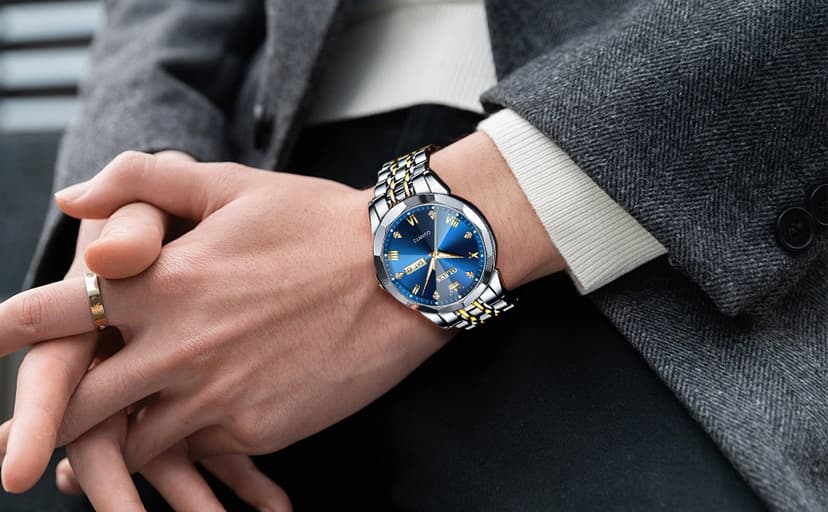 OLEVS Watch for Men Diamond Business Dress Analog Quartz Stainless Steel Waterproof Luminous Date Two Tone Luxury Casual Wrist Watch Blue
