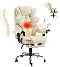 HOMREST 6-Point Massage Executive Chair,Heat Office Chair,Ergonomic Home Office Desk Chairs with Retractable Footrest and Reclining Function,Leather Computer Chair with Adjustable Armrest(Off White)