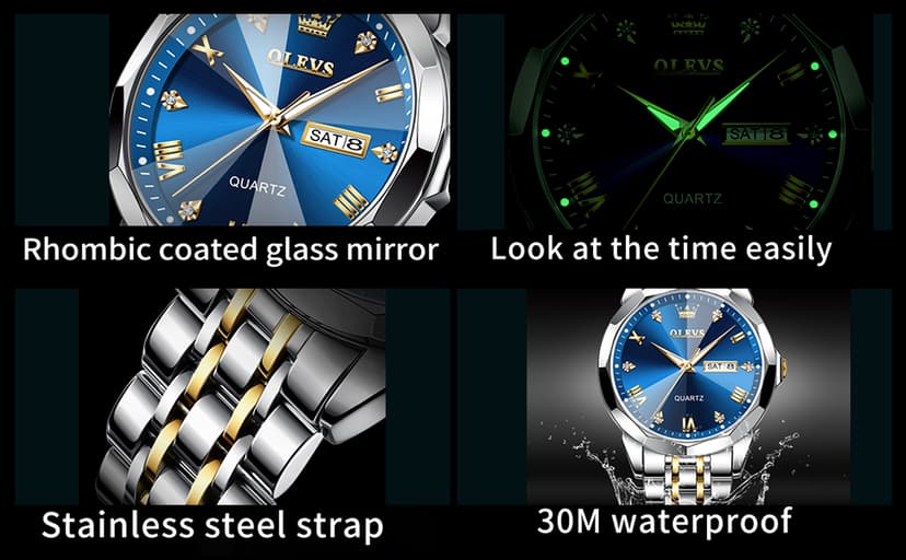 OLEVS Watch for Men Diamond Business Dress Analog Quartz Stainless Steel Waterproof Luminous Date Two Tone Luxury Casual Wrist Watch Blue