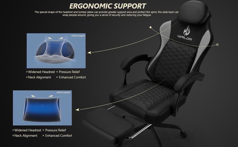 WAILOR Gaming Chair with Pocket Spring Cushion, Video Game Computer Chair with Footrest for Adults, High Back Gamer Leather Chair with Headrest and Lumbar Support for Office Gaming 300LBS