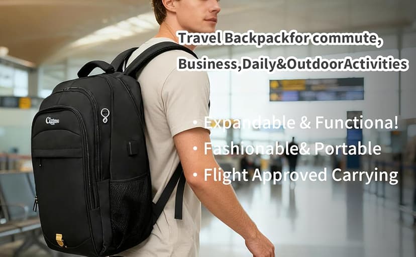 Ciztnso Business Travel Laptop Backpack, Anti Theft Durable Backpack with USB Port & organizer, Water Resistant College School Bag for Men & Women Fits 17.3 Inch Laptop and Tablet - Black