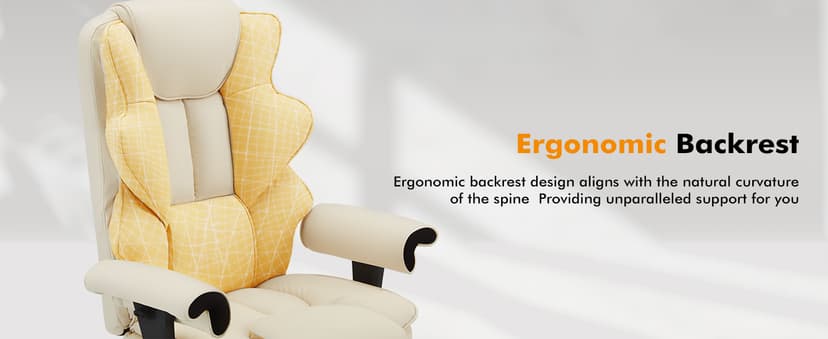 HOMREST 6-Point Massage Executive Chair,Heat Office Chair,Ergonomic Home Office Desk Chairs with Retractable Footrest and Reclining Function,Leather Computer Chair with Adjustable Armrest(Off White)