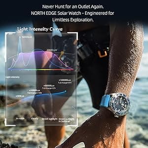 NORTH EDGE Solar Powered Dive Watch Women Men’s Watch, 1000FT/300M Water Resistance, Luminous Dial, Silicone Strap