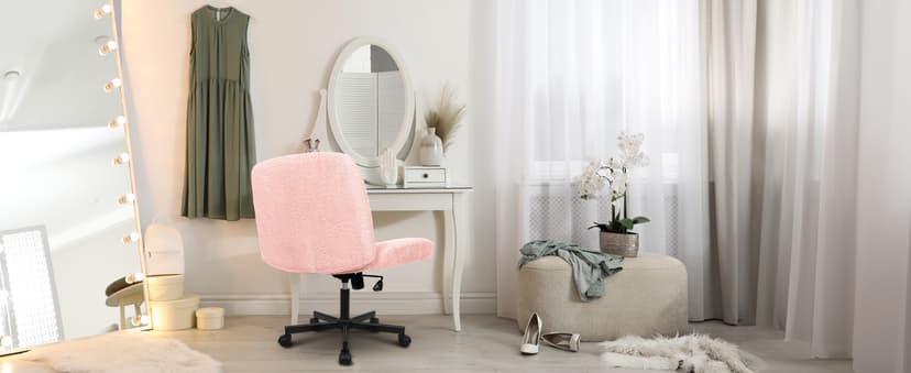 Orange Factory Criss Cross Chair Wheels Wide Cross Legged Office Desk Vanity Chair Comfy Fabric Armless Adjustable Swivel for Home Computer Task (Pink)