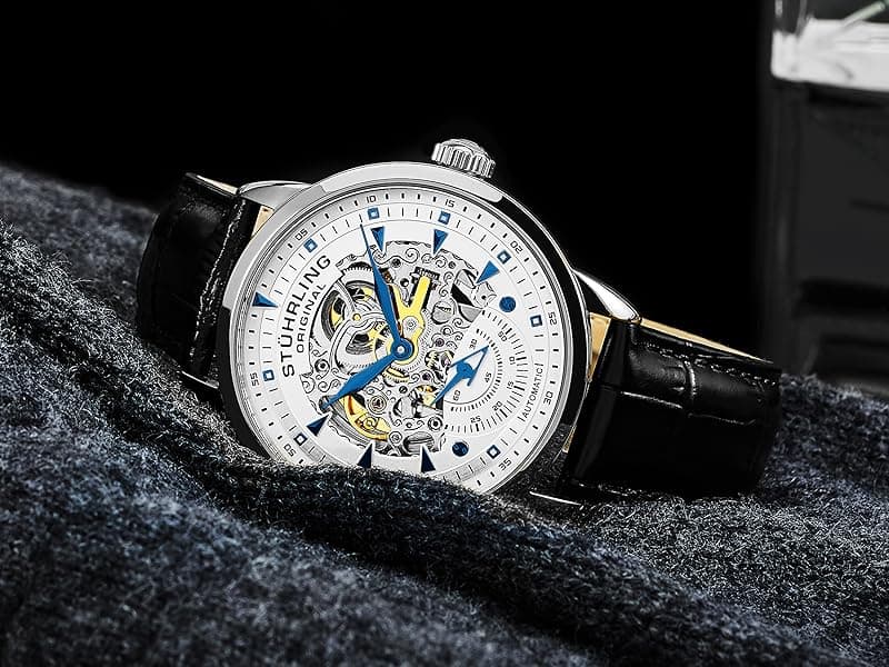 Stuhrling Original Mens Skeleton Automatic Dress Watch with Alligator Embossed Leather Strap Skeleton Dial