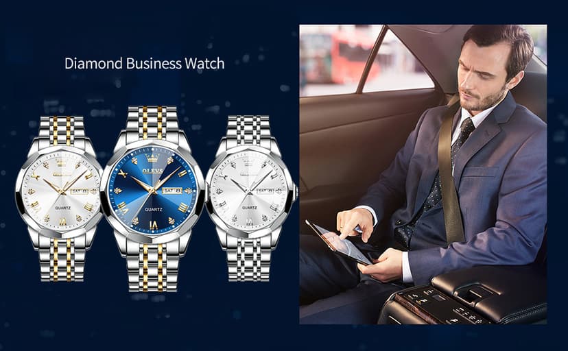 OLEVS Watch for Men Diamond Business Dress Analog Quartz Stainless Steel Waterproof Luminous Date Two Tone Luxury Casual Wrist Watch Blue