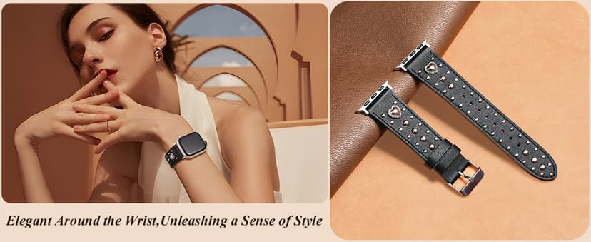 Wearlizer Leather Band Compatible with Apple Watch Bands Women 42/46/38/40/41/44/45/49mm, Dressy Fancy Designer Pretty Heart Charms Studded Strap for iWatch Series 11 10 9 8 7 6 5 4 SE/Ultra 3 2 1