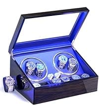 ANWBROAD ANWBROAD Watch Winder for Automatic Watches 4 Watch Rotator and 6 Extra Storages with Super Quiet Motor and LED Backlight Turner Carbon Fiber Shaker 5 Rotating Modes USB UJWW002F