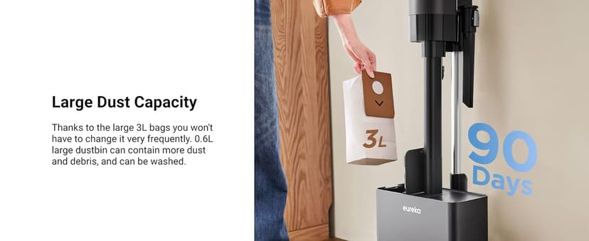 Eureka Stylus Elite NEC490BL Cordless Stick Vacuum, 350W Powerful Suction, Self-Emptying Station, 60-Min Runtime, Anti-Tangle Brushroll, 5-Layer HEPA Filtration, Ideal for Pet Hair&All Floor Types