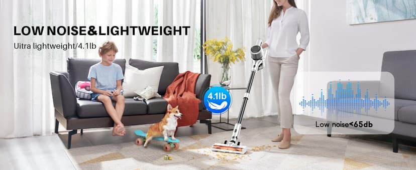 BSNAW Cordless Vacuum Cleaner for Home - Lightweight, Stick Vacuum Clean with Rechargeable Battery, Max 45Mins Runtime, 8 in 1 Handheld Vacuum for Hardfloor & Carpets Pet Hair, White&Yellow