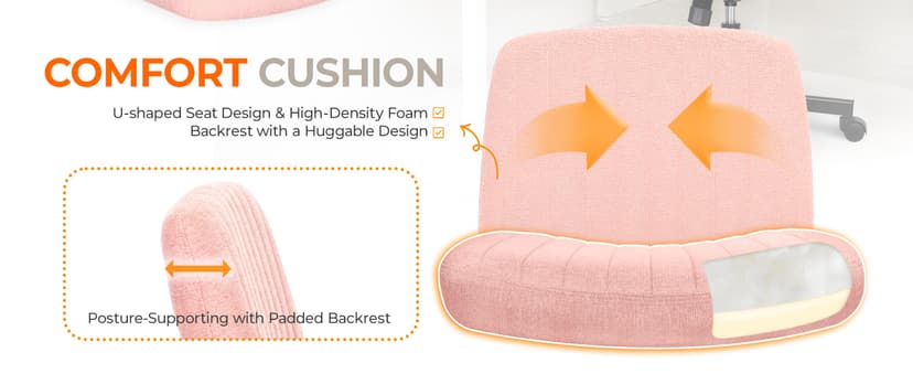 Orange Factory Criss Cross Chair Wheels Wide Cross Legged Office Desk Vanity Chair Comfy Fabric Armless Adjustable Swivel for Home Computer Task (Pink)