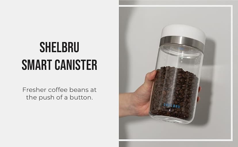 SHELBRU Smart Coffee Container & Food Storage w/Electric Vacuum Seal, Airtight Coffee Canister for Whole & Ground Bean Storage, Durable Borosilicate Glass Jar, Charging Cable Included, 10.5oz / 250g