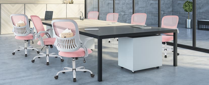 Sweetcrispy Home Office Computer Desk Chair, Ergonomic Mid-Back Mesh Rolling Work Swivel Task Chairs with Wheels, Comfortable Lumbar Support, Comfy Flip-up Arms for Bedroom, Study, Student, Pink