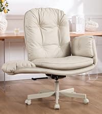 amseatec Criss Cross Chair with Armrests & Wheels for Cross-Legged Sitting, Comfortable Adjustable Swivel Office Desk Chair –PU Leather Vanity Chair for Home, Makeup and Bedroom (Cream)