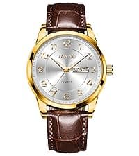 Taxau Men's Watches Leather Band Stainless Steel Quartz Analog Watch Luxury Waterproof Watches for Men Dress Men's Wrist Watch with Day Date Arabic Numeral Relojes para Hombre