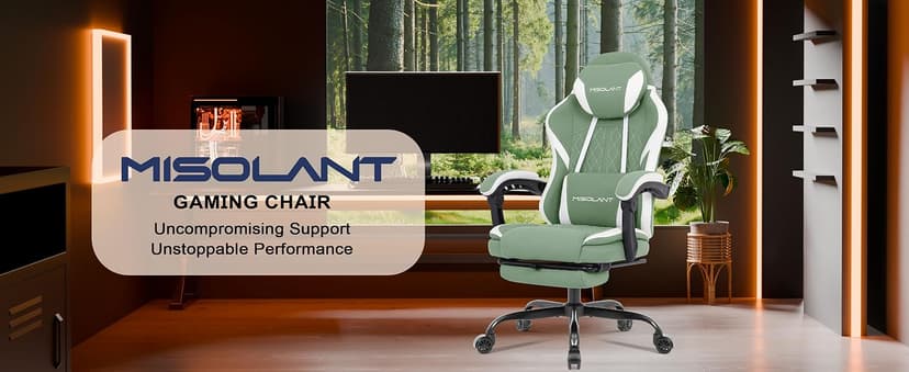 Misolant Gaming Chair, Fabric Gamer Chair with footrest for Adults, High Back Ergonomic Computer Game Chair with Adjustable Headrest and Massage Lumbar Support, 90-155° Recline Free, Green