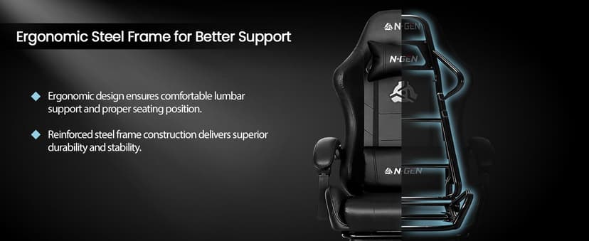 N-GEN GAMING Video Gaming Chair with Footrest Lumbar Support for Home Office High Back Recliner Height Adjustable Ergonomic Comfy Leather Computer Desk Chair (Black)