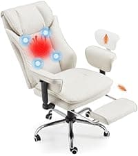 HOMREST 6-Point Massage Executive Chair,Heat Office Chair,Ergonomic Home Office Desk Chairs with Retractable Footrest and Reclining Function,Leather Computer Chair with Adjustable Armrest(Off White)