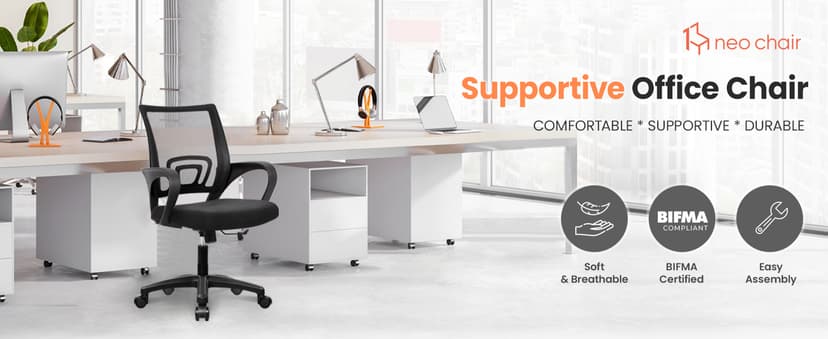 NEO CHAIR Office Desk Computer Chair Ergonomic Mesh Gaming Mid Back Seat with Comfy Lumbar Support Adjustable Height Swivel for Home Task (Black)