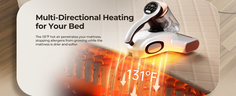 JIGOO Bed Vacuum Cleaner with Dust Sensor, Mattress Vacuum Cleaner with UV & Ultrasonic and High Heating, 13Kpa Suction 500W Powerful Double-Cup Handheld Vacuums (J300, Corded)