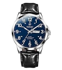 Taxau Men's Watches Leather Band Stainless Steel Quartz Analog Watch Luxury Waterproof Watches for Men Dress Men's Wrist Watch with Day Date Arabic Numeral Relojes para Hombre