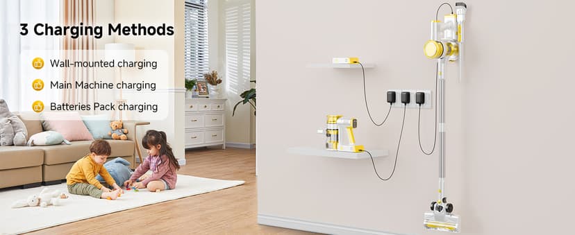 Cordless Vacuum Cleaner, 35Kpa Vacuum Cleaner for Home, 45Mins Stick Vacuum with LED Display, Anti-Tangle & Wall Mount Charging, 6 in 1 Lightweight Vacuum for Hard Floors, Carpet, Pet Hair (yellow)