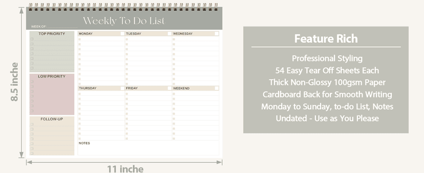Weekly To Do List Notepad, Undated Planner with 52 Sheets (8.5''x11''), Desk Weekly Planner for Women & Man, Home School & Work