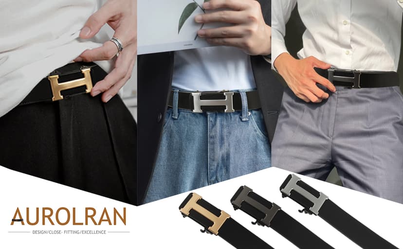 Aurolran Men&Womens Leather Dress Belt Business Automatic Buckle Belt Color-Black Silver Gold