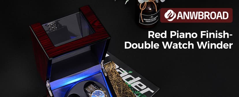 ANWBROAD ANWBROAD Watch Winder for Automatic Watches Double with Super Quiet Motor Flexible Watch Pillows LED Backlight Wooden 5 Modes Battery or Type-C Adapter UJWW001Y