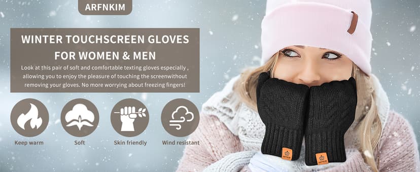 ARFNKIM Thermal Winter Gloves-Fleece Lining Touch Screen Knit Stretchy Warm Gloves for Running Cycling Riding- Men Women