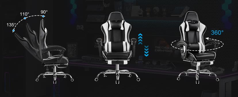 VECELO Ergonomic Gaming Chair with Footrest, Comfy Recliner Computer Chair, Swivel Seat, Height Adjustable, High Back PU Leather, Lumbar Support, Headrest for Adults, Black